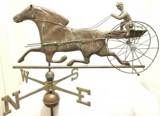 Antique Copper Sulky Jockey Horse Carriage Buggy Weathervane W Directionals