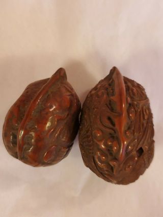 Chinese Antique 2 Carved Walnut Shells,  A Lotus and A Crane,  Intricate 11