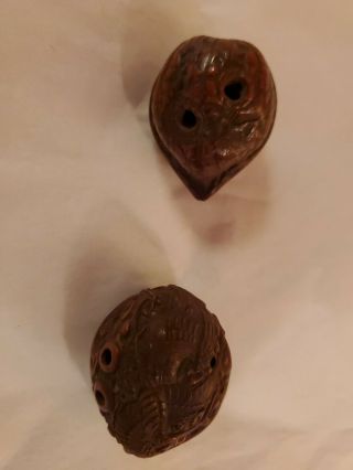 Chinese Antique 2 Carved Walnut Shells,  A Lotus and A Crane,  Intricate 2