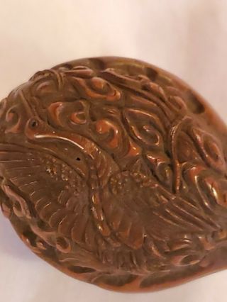 Chinese Antique 2 Carved Walnut Shells,  A Lotus and A Crane,  Intricate 4