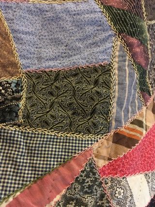 Vintage Antique Crazy Quilt Hand - sewn Piece Dark Prim Fabric Embroidery 11