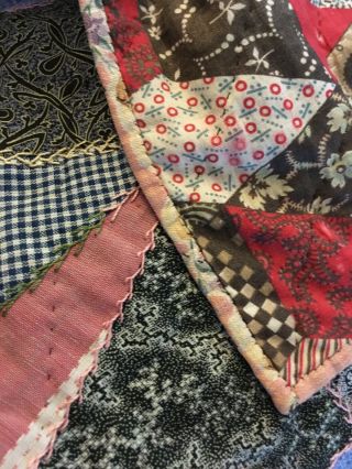 Vintage Antique Crazy Quilt Hand - sewn Piece Dark Prim Fabric Embroidery 12