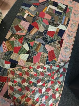Vintage Antique Crazy Quilt Hand - Sewn Piece Dark Prim Fabric Embroidery