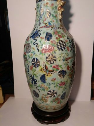 Chinese Celadon &Cantone Famille V.  Large Vase &19th C.  &Heavy Pleated Porcelain 5