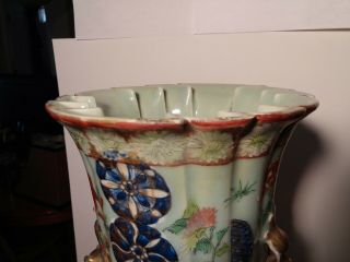 Chinese Celadon &Cantone Famille V.  Large Vase &19th C.  &Heavy Pleated Porcelain 9
