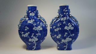 Pair Antique Chinese Moon Flask,  Vases,  Prunus & Dragons