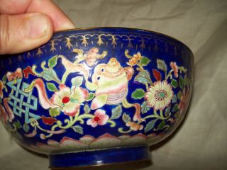 Antique Chinese Enamel Blue Bowl Flowers & Bats