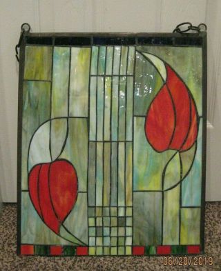 Floral 15 X 18 Stained Glass Window Panel Sun Catcher With 39 " Hanging Chain
