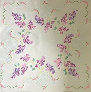 GORGEOUS VINTAGE LINEN HAND EMBROIDERED TABLECLOTH TRAILING LILAC BLOSSOMS 12