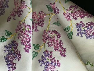 Gorgeous Vintage Linen Hand Embroidered Tablecloth Trailing Lilac Blossoms