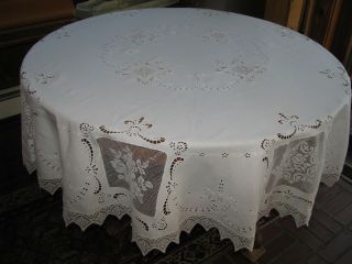 Antique Roound Lace Tablecloth 70 " Large Cutwork Embroidery Filet Linen Italian