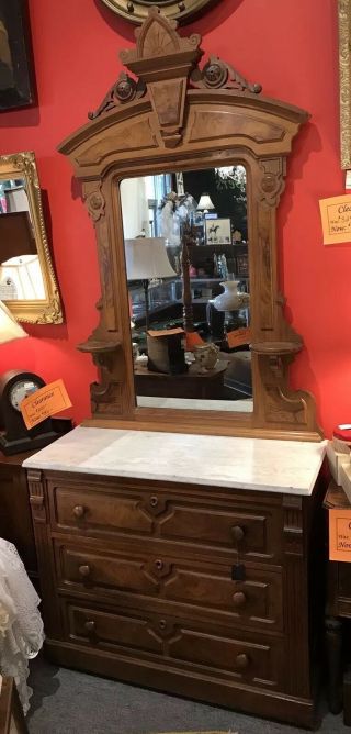 Antique Walnut Victorian Renaissance Revival Marble Top Dresser W/ Mirror 1870 