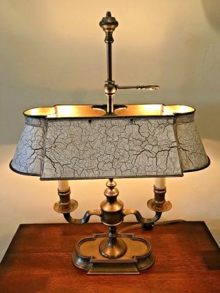 Vintage French Bouillotte 2 - Light Off - White/ Brown Tole Brass Table / Desk Lamp