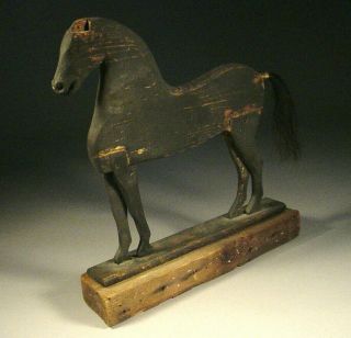 Carved and Black - painted Wood Horse with Horsehair Tail - Folk Art AAFA 12
