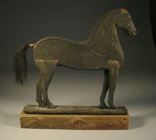 Carved And Black - Painted Wood Horse With Horsehair Tail - Folk Art Aafa
