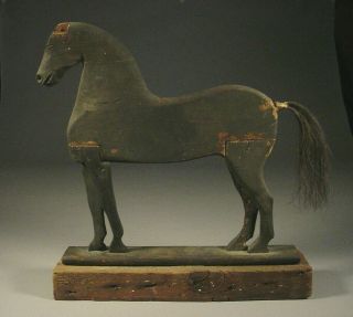 Carved and Black - painted Wood Horse with Horsehair Tail - Folk Art AAFA 2