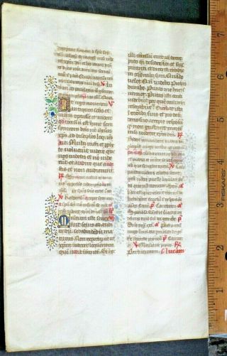 Masterful Medieval Illuminated Manuscript Lf,  Vellum,  Deco.  color Gold Init.  c.  1475 2