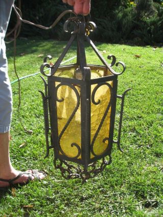 Spanish Revival Gothic 6 - Panel Amber Glass Wrought Iron Lamp Unique & Rare