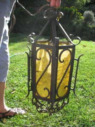 Spanish Revival Gothic 6 - Panel Amber Glass Wrought Iron Lamp UNIQUE & RARE 2