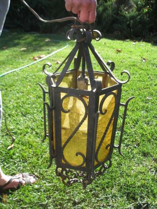Spanish Revival Gothic 6 - Panel Amber Glass Wrought Iron Lamp UNIQUE & RARE 3