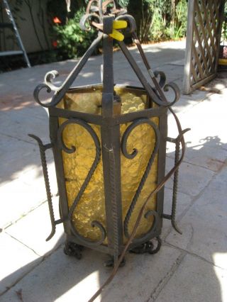 Spanish Revival Gothic 6 - Panel Amber Glass Wrought Iron Lamp UNIQUE & RARE 4