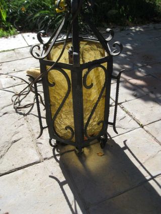 Spanish Revival Gothic 6 - Panel Amber Glass Wrought Iron Lamp UNIQUE & RARE 5