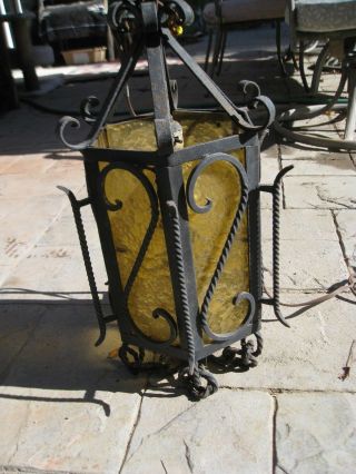 Spanish Revival Gothic 6 - Panel Amber Glass Wrought Iron Lamp UNIQUE & RARE 6