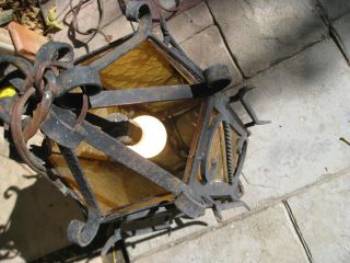 Spanish Revival Gothic 6 - Panel Amber Glass Wrought Iron Lamp UNIQUE & RARE 7