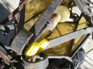 Spanish Revival Gothic 6 - Panel Amber Glass Wrought Iron Lamp UNIQUE & RARE 8
