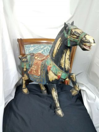 Antique Asian Horse Statue Hand Carved Hand Painted.  Chinese Riding Horse