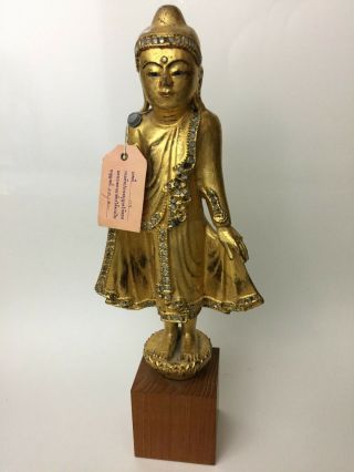 Antique Thai Gilt Wood Buddha With Export Tag Standing Bodhisattva 18 