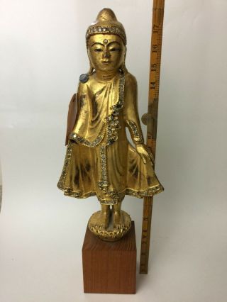 Antique Thai Gilt Wood Buddha With Export Tag Standing Bodhisattva 18 " Tall