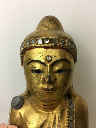 Antique Thai Gilt Wood Buddha With Export Tag Standing Bodhisattva 18 