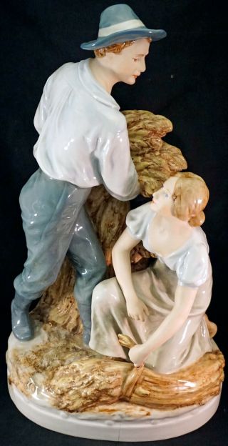 Large Royal Dux Porcelain Figurine Group Man & Woman Harvesters Sheaves Of Wheat