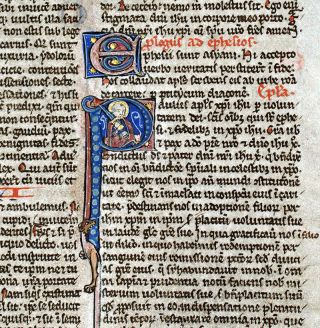 Medieval Illuminated Manuscript Bible Leaf - C.  1240 - Miniature St Paul & Sword