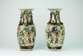 An 19th C Chinese Porcelain NanKing Crackleware Warrior Vases 2