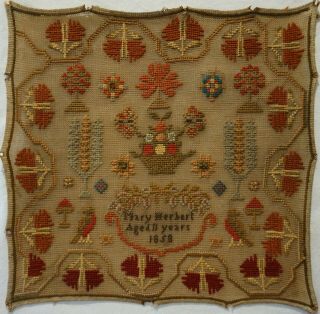 Mid 19th Century Motif Sampler By Mary Herbert Aged 11 - 1858