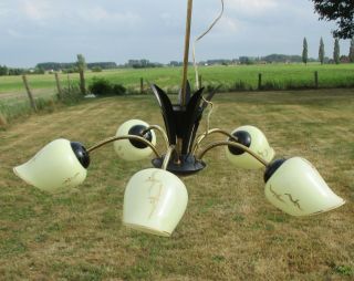 5 Arm Mid Century Modern Chandelier Black Leaves Shades Gold Gild era stilnovo 2