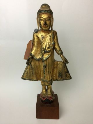 Antique Thai Gilt Wood Buddha With Export Tag Standing Bodhisattva Rattanakosin 10