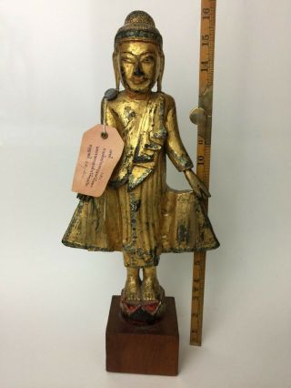 Antique Thai Gilt Wood Buddha With Export Tag Standing Bodhisattva Rattanakosin