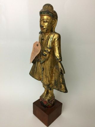Antique Thai Gilt Wood Buddha With Export Tag Standing Bodhisattva Rattanakosin 3