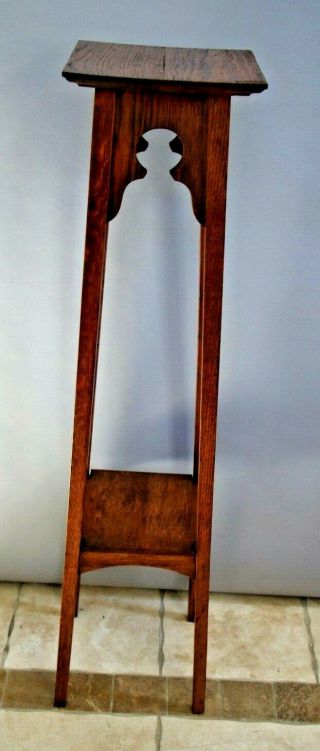 Vintage Arts and crafts tall table plant stand shelf solid Oak square shelf 2