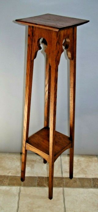 Vintage Arts and crafts tall table plant stand shelf solid Oak square shelf 4