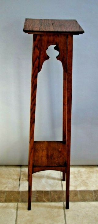 Vintage Arts and crafts tall table plant stand shelf solid Oak square shelf 6