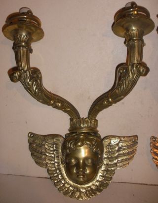 Antique large bronze wall sconces light lamps angel putti cherub faces 3