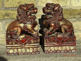Victorian Antique Wood Carved Asian Temple Lions Foo Dogs Te Ling Pair