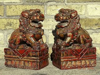 Victorian Antique Wood carved Asian Temple Lions Foo dogs Te Ling pair 2