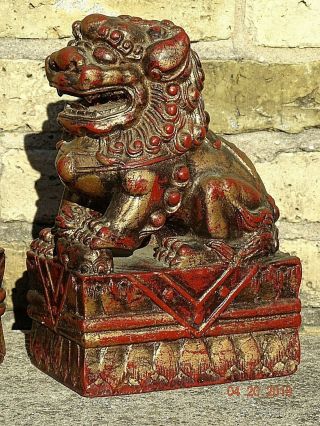 Victorian Antique Wood carved Asian Temple Lions Foo dogs Te Ling pair 4