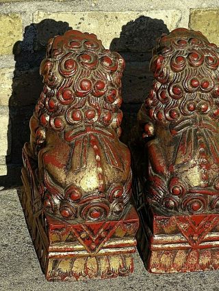 Victorian Antique Wood carved Asian Temple Lions Foo dogs Te Ling pair 5