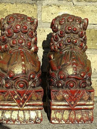 Victorian Antique Wood carved Asian Temple Lions Foo dogs Te Ling pair 6